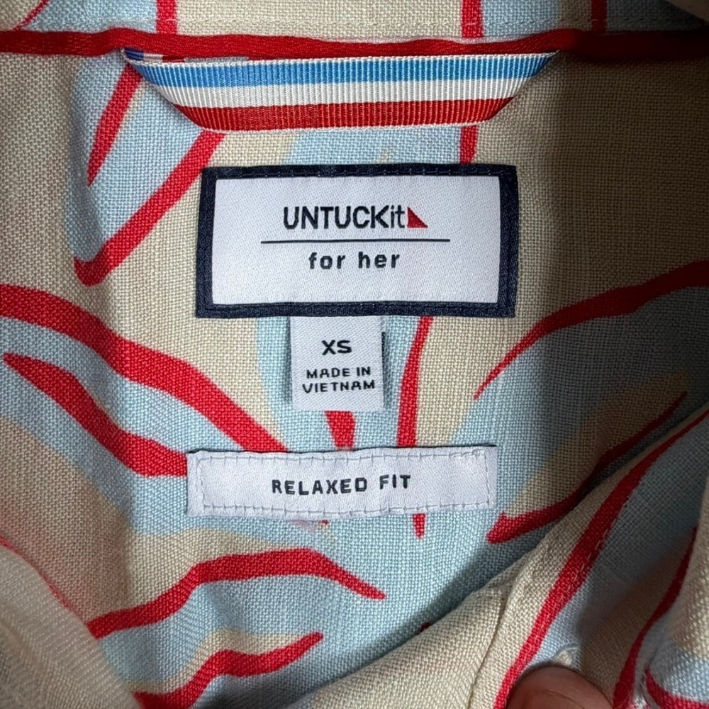 UNTUCKit Betty Linen Blend Shirt Dress XS Tan Blue Red Tropical Leaf Mini 42374 - Picture 3 of 11